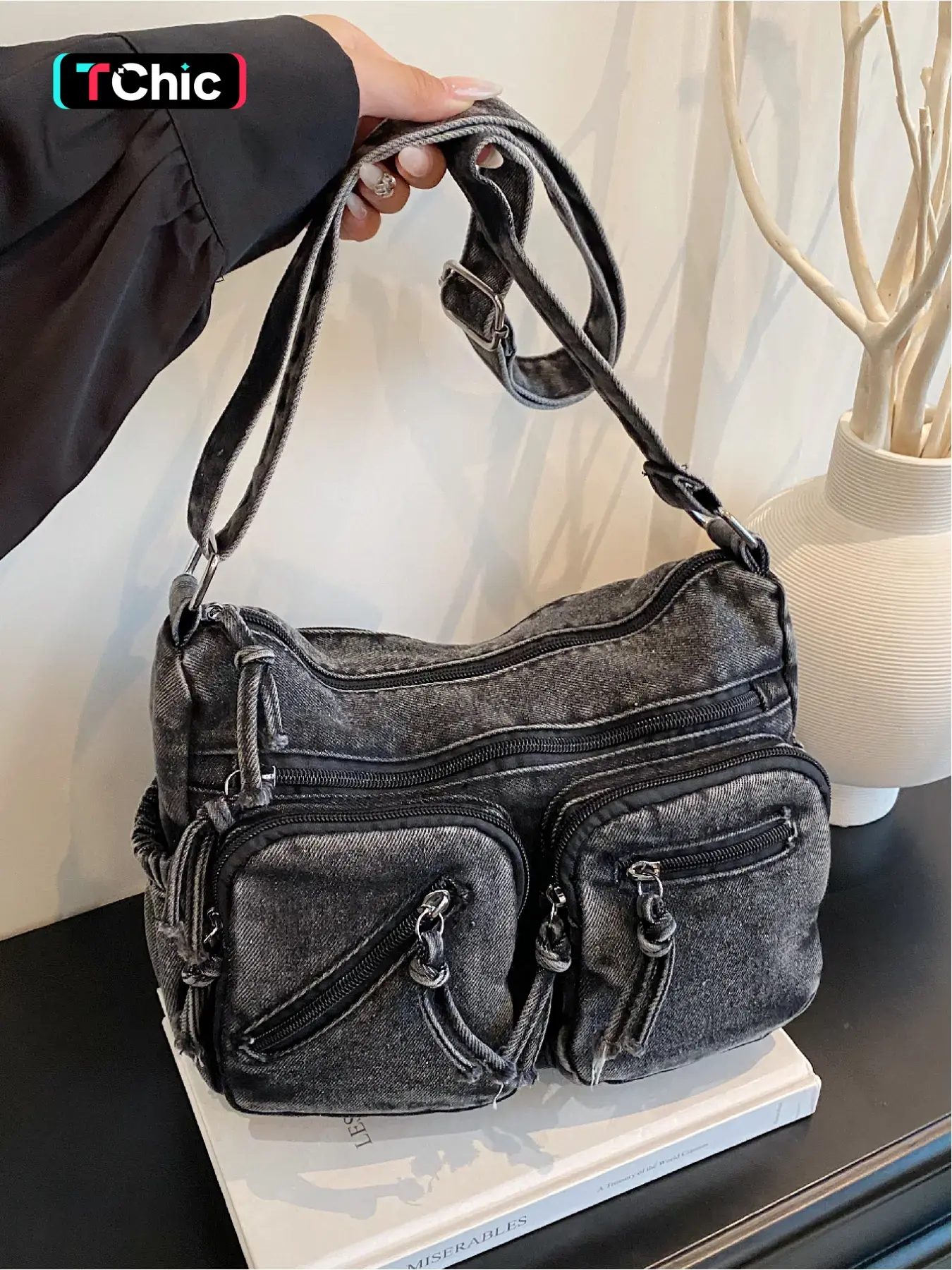 Large capacity washed denim fabric, shoulder bag with multiple pockets, crossbody bag, Cross Body Bags, workwear style, suitable for work, shopping