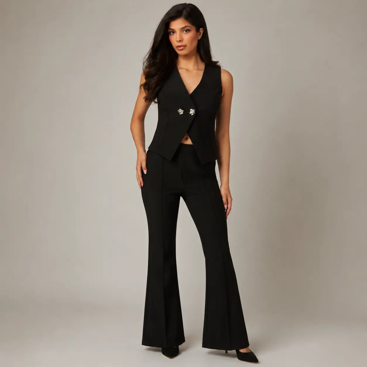 SET TOP & PANTS - Scuba Knit Strapless Button Front Tube Top & Scuba Knit High Rise Pintuck Tailored Boot Pant Chic Comfort Womenswear Comfortable Everyday Style