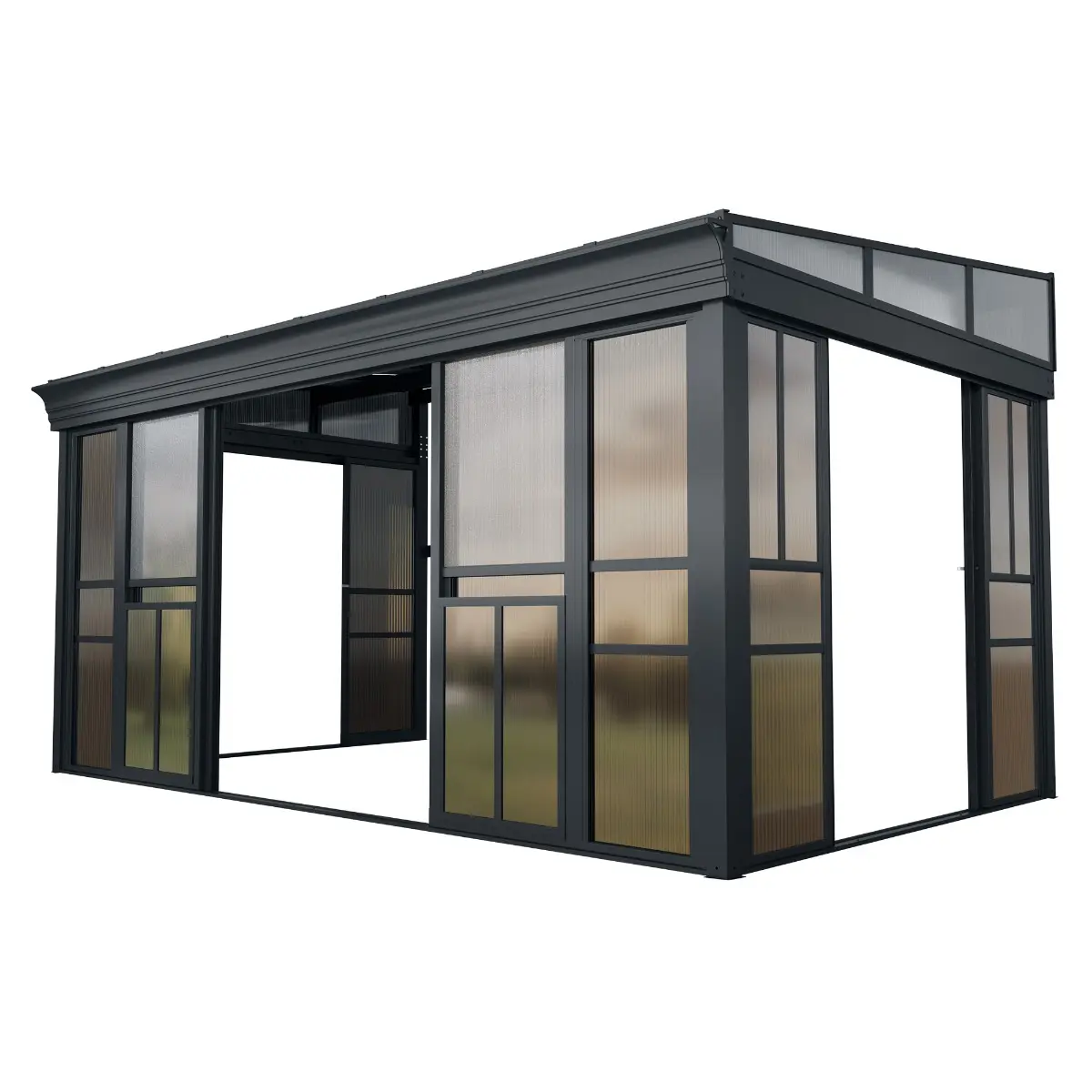 10 X 16ft Sunroom Gazebo, Lean-to Outdoor Solarium, Enclosed Patio Shelter with Sliding Doors, Polycarbonate Roof and Gray-Tinted Panels, Aluminum Frame for Backyard
