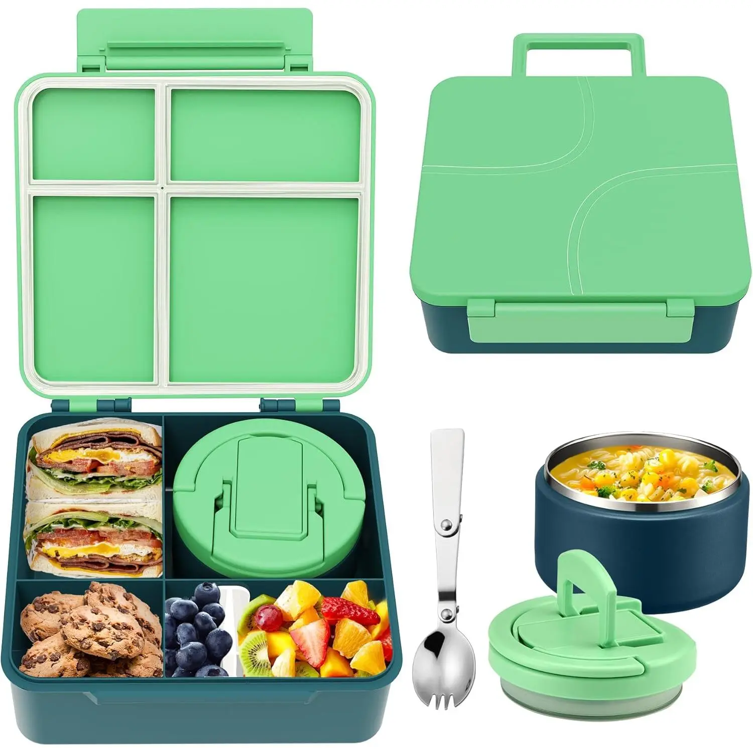 Bento Lunch Box Set for  with 8 oz Soup Thermo, Leakproof Hot Food Container with 4 Compartments, Insulated Food Jar for     School - Green