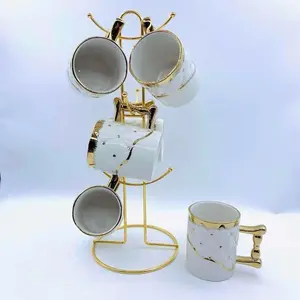 Set of 6 Ceramic Mugs with Rack for Kitchen Organization - Cup, Drinkware Coffee Tea