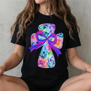 Cotton Casual Round Neck Short Sleeve Summer T Shirt Featuring Vibrant Cross and Bow Design with He Is Risen Graphic Machine Washable Suitable for Family Matching Christian Holiday Outfits