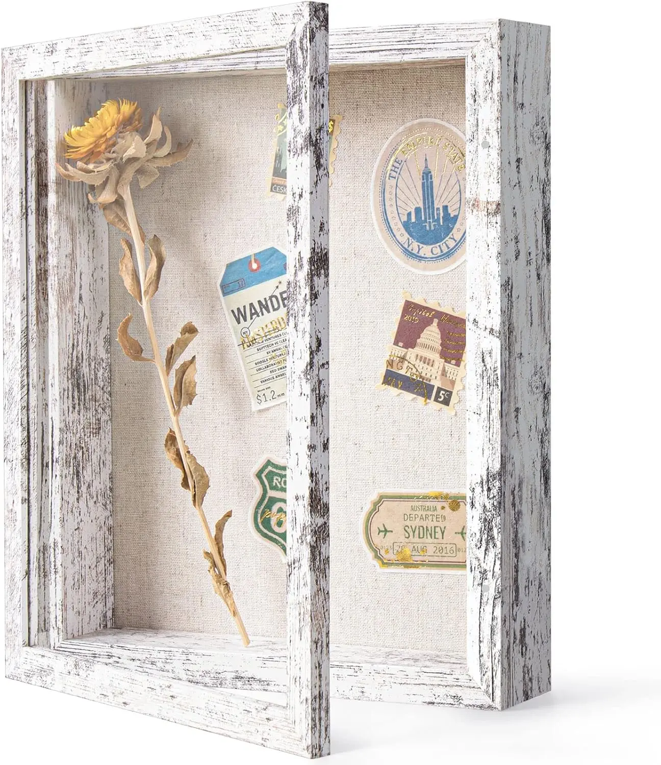 Single 8x10 Square Photo Shadow Box Frame - Linen Back, Real Glass, Push Pins Included, Sturdy Rustic Room Decor Memory Display Case, Fits 6.8x8.8 Inserts, Distressed White