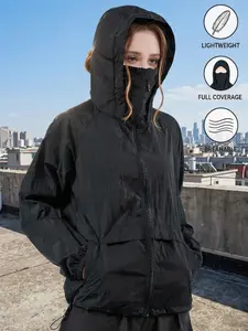Women's Summer Lightweight Foldable Hooded Sun Protection UV Cooling Jacket, Nylon Breathable Skin Outerwear, Zipper Pockets, Outdoor Sports & Beach Shirt, Athlete Jackets