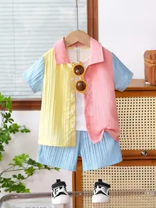 Boys' Colorblock Short Sleeve Shirt and Shorts Set, Breathable Lightweight Casual Style, Perfect for Daily Wear, Travel, and Leisure Activities