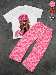 Men's Casual T-Shirt Set, Fun Character Print Short Sleeve Tee, Camouflage Wide Leg Pants, Street Trend Comfort Fashion Hip-Hop