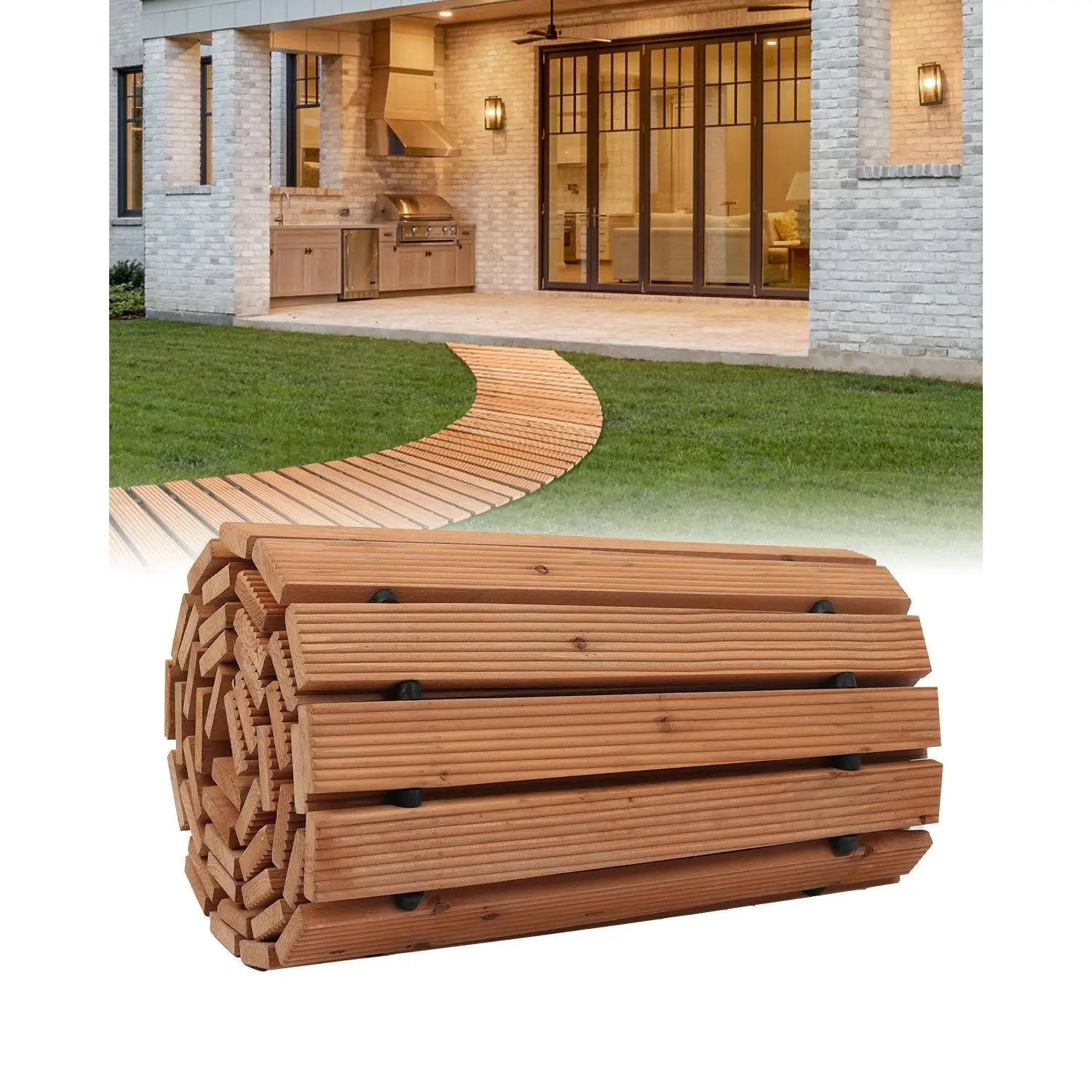 【Summerfinds】VEVOR Roll-Out 0.6" Thick Cedar Wood Lawn Pavers, 96x17 In Non-Slip Pathway with Wire Ropes Connection, Rollable, High Load Capacity, Wipe-Clean, 17.3x6.9x13.5 In Storage Size, Multi-Surface Compatible for Outdoor Gardening, Weddings, Parties