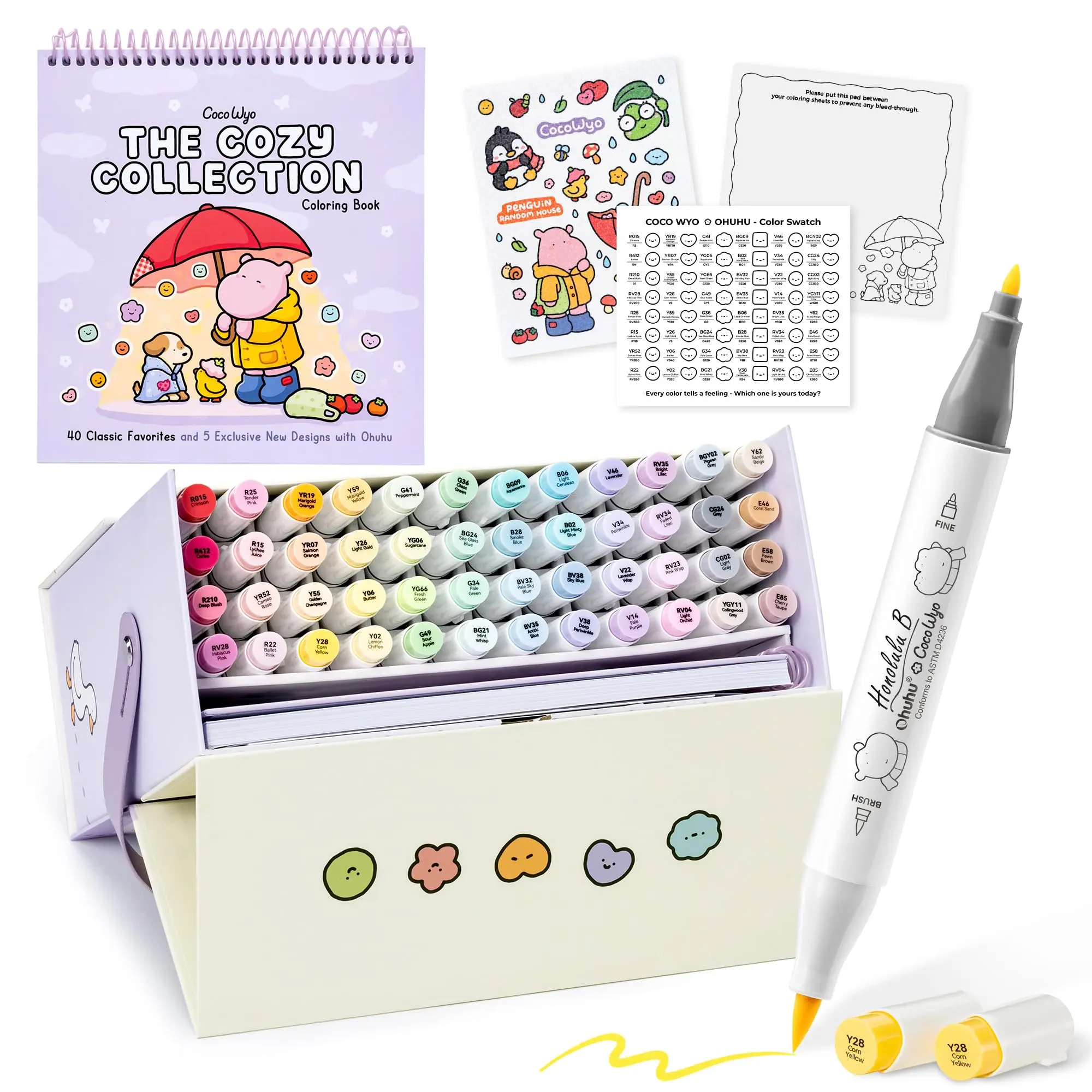 Ohuhu × Coco Wyo Coloring Set 48 Alcohol Markers& Coloring Book Brush& Fine | Co-branded Coloring Kit, 48-color Dual Tips Honolulu B, for Adults Beginners Artists Cozy Coloring, Great Gift Idea