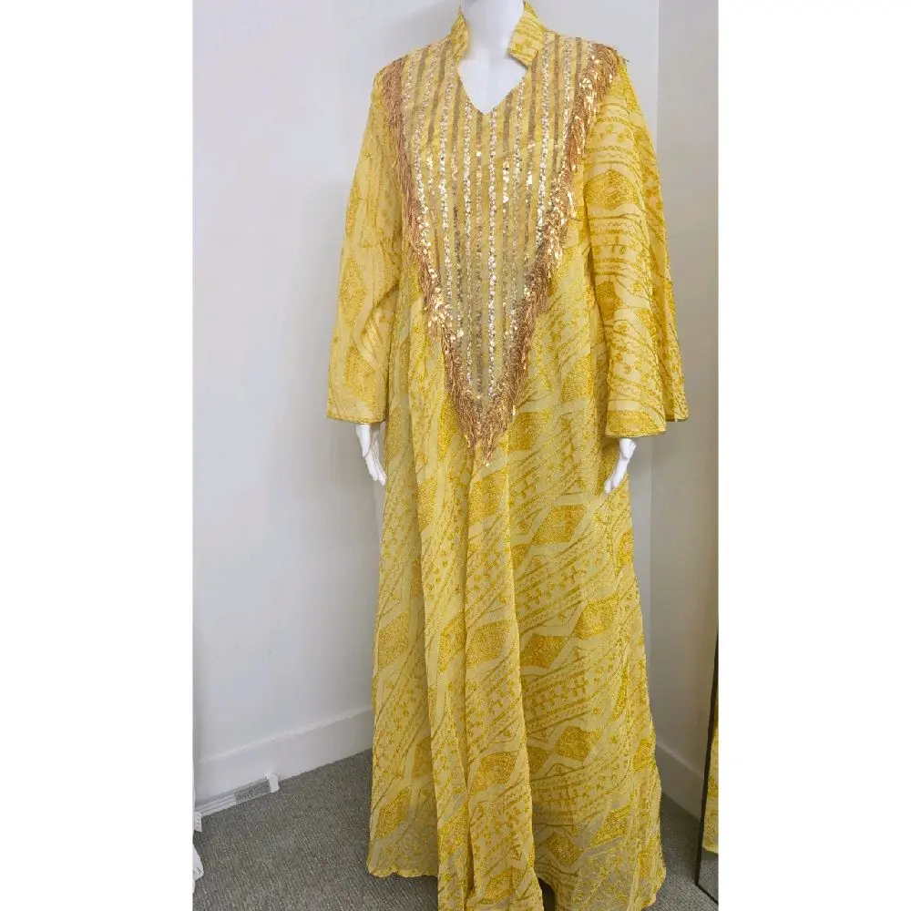 A Shape Enclosed Embroidery Abaya with V Neck - Yellow Sequined Design Dress