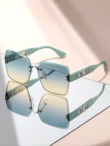 Unisex Fashion Square Frameless Glasses, Casual Rhinestone Trim Square Sunglasses, Floral Decorated Temples, Daily Use, Stylish Accessory, Trendy Casual Sunglasses