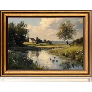 Framed Vintage Gold Serene Countryside Landscape Canvas Wall Art, Mallard Ducks Pond Cottage Rustic Farmhouse Oil Painting Poster Print, Wall Decor Artwork for Living Room Bedroom Home