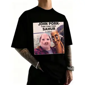 Menswear 100% Cotton Classic Casual Graphic John Pork Tung Sahur Calling Brainrot Meme Short-Sleeve Crewneck Unisex T-Shirt, Sustainable Gift