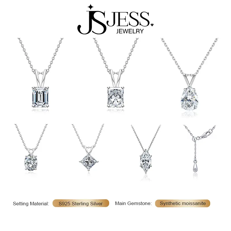 【Glory】3/4ct emerald/radiant/oval/pear/princess cut Moissanite Pendant Necklace, Platinum Plated S925 Silver, 55cm adjustabled Chain thickened versatile daily Necklace