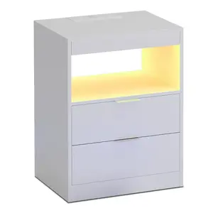 SIKAIC Modern LED Nightstand Table - White Indoor Bedside Cabinet with Wireless Charging Station, USB Ports, and Lighted Vanity Desk Function