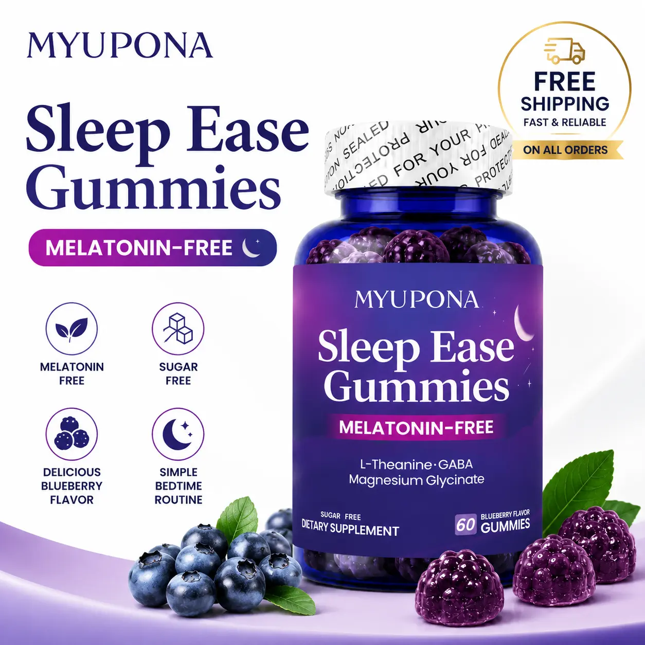 MYUPONA Sleep Ease Melatonin-Free Magnesium Sleep Gummies for Adults, Sugar-Free Bedtime Relaxation, 60 Gummies