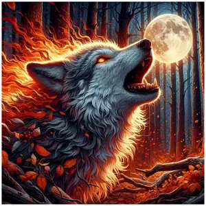 Dark White Wolf Flame Moonlit Night Art Painting Diamond Painting 5D DIY Diamond Painting Kit Full Drill Square Diamonds Embroidery Cross Stitch Art Craft Home Wall Decor, Handmade Gifts, Art Gift For Living Room Bedroom Handmade Painting Set