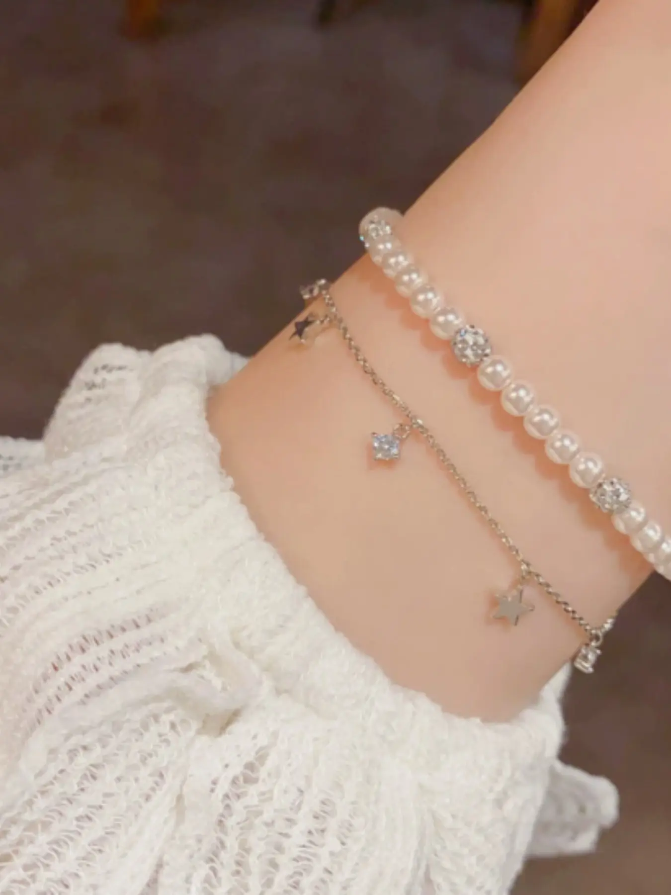 Korean Style Zircon Pearl Star Double Layer Bracelet, Luxury Fashion Accessory, Versatile Hand Jewelry for Daily Wear