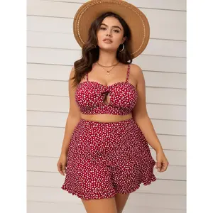 Women's 2026 New 2-Piece Curvy-Friendly Bathing Suit - Red Ditsy Floral Print, Twist Front Cutout Top, Ruffled Skirt, Mesh Accent, Beach Style Bikini Sets with Crystals, Summervibes, Spring Glow