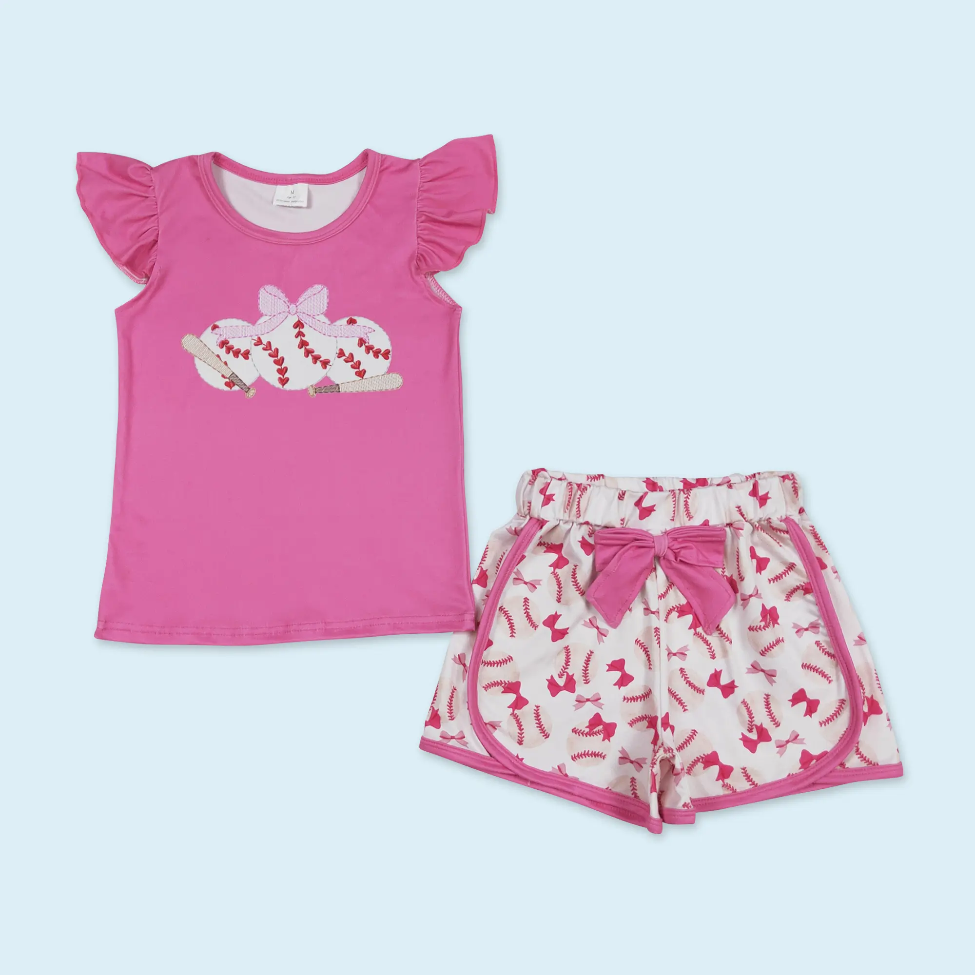 Baseball bow top matching shorts kids girls summer clothes