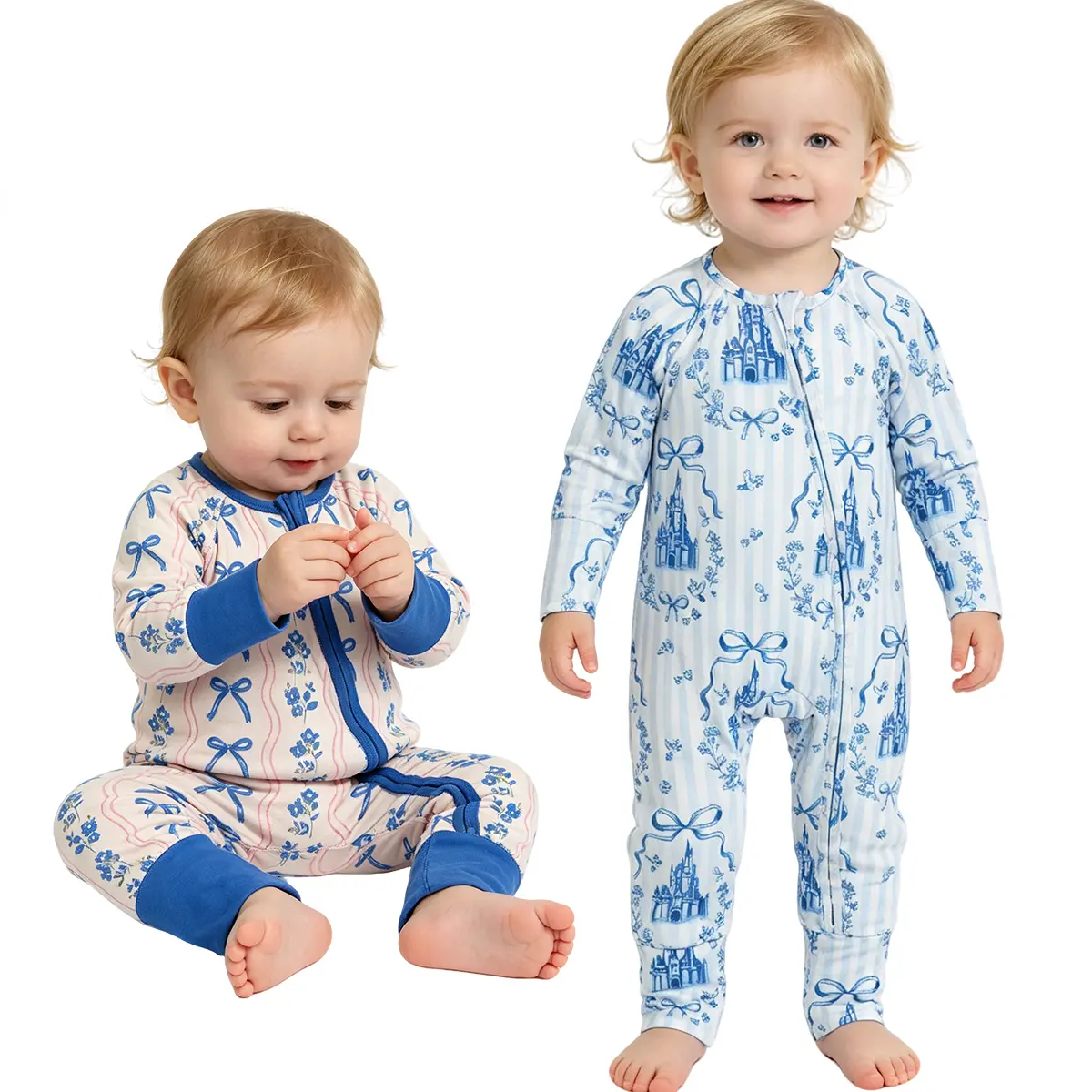 Baby Girls Cute Coquette Bows Print Long Sleeve Two Way Zip Convertible Rompers Babies Softness Sleeper