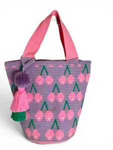 Wayuu XL Handwoven Cherry Tote Bag Inner lining, sliding and ornament pompom