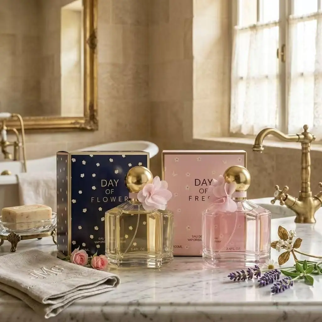 TWO BOTTLES SET-Day of Fresh  &Day of Flower Women's EDP Perfume - Feminine Floral Scent with Gold Cap and Pink Fabric Flower Decor Eau de Parfum Romantic Floral Accents