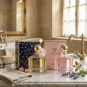TWO BOTTLES SET-Day of Fresh  &Day of Flower Women's EDP Perfume - Feminine Floral Scent with Gold Cap and Pink Fabric Flower Decor Eau de Parfum Romantic Floral Accents