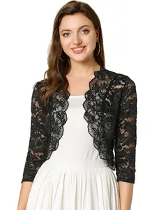 INSPIRE CHIC 3/4 Sleeve Sheer Floral Lace Shrug Top