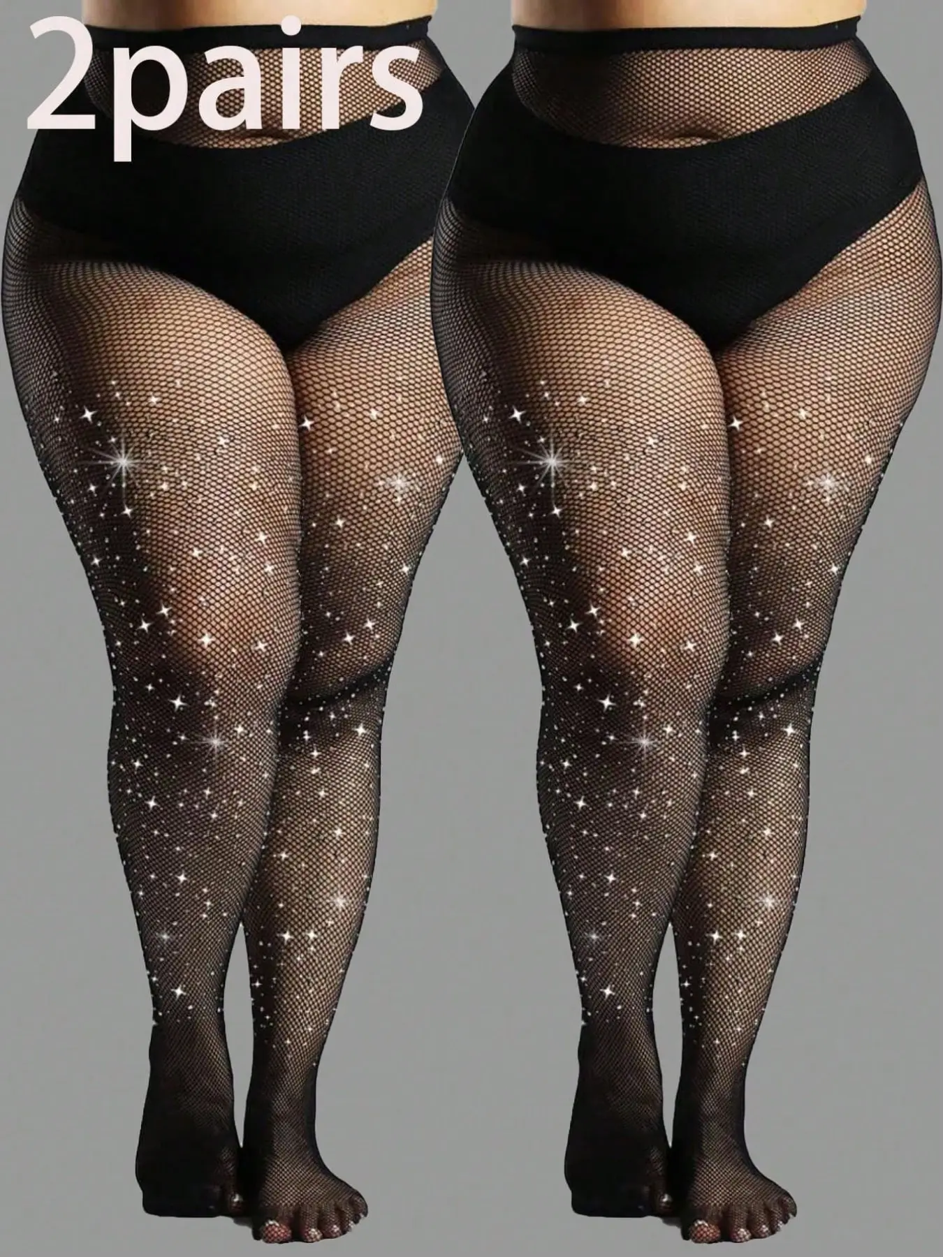 2pcs Plus Size Women's Underwear Rhinestone Embellished Fishnet Tights, Stretchy Skinny Mesh Stockings, Goth Style, All Seasons Clubwear