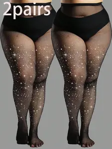 2pcs Plus Size Women's Rhinestone Embellished Fishnet Tights, Stretchy Skinny Mesh Stockings, Goth Style, All Seasons Clubwear