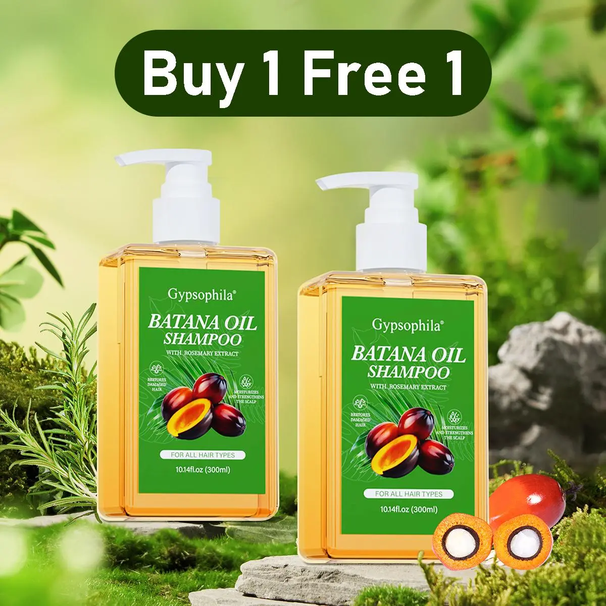 Buy 1 Free 1 Gypsophila Batana Oil Shampoo with Rosemary, Nourishing Botanical Hair Cleanser for All Hair Types, Daily Scalp & Hair Care, Oil Control Formula, 10.14 oz / 300 ml Each