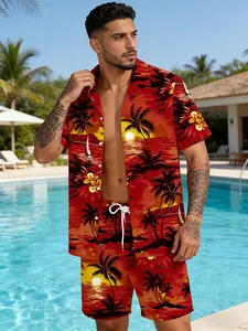 Men's Hawaiian Party Shirt Shorts Set, Tropical Palm Print, Lightweight Breathable Polyester, Loose Fit, All Body Types, Holiday Style