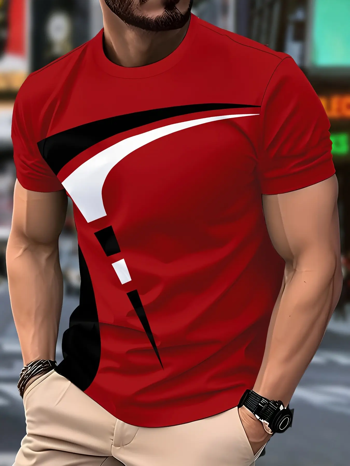 Men's Patchwork Short Sleeve T-Shirt, Trendy Geometric Pattern Design, Fitted Casual Streetwear Top, Comfortable Breathable, All Seasons Wear