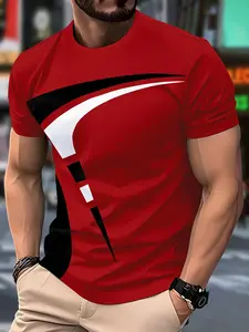 Men's Patchwork Short Sleeve T-Shirt, Trendy Geometric Pattern Design, Fitted Casual Streetwear Top, Comfortable Breathable, All Seasons Wear