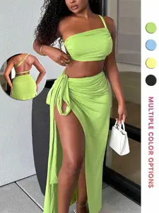 Women's Summer Vacation Set, Sexy Halter Top & High Slit Bodycon Skirt, Ladies' Fashion, 2-Piece Ensemble, Chic