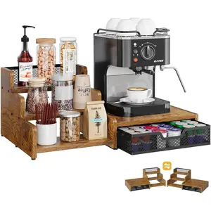 Coffee Station Organizer with K Cup Holder 28 Pod Capacity 3-Tier Syrup Rack with Coffee Pod Holder Drawer Countertop Coffee Bar Organizer for Accessories Rustic Brown