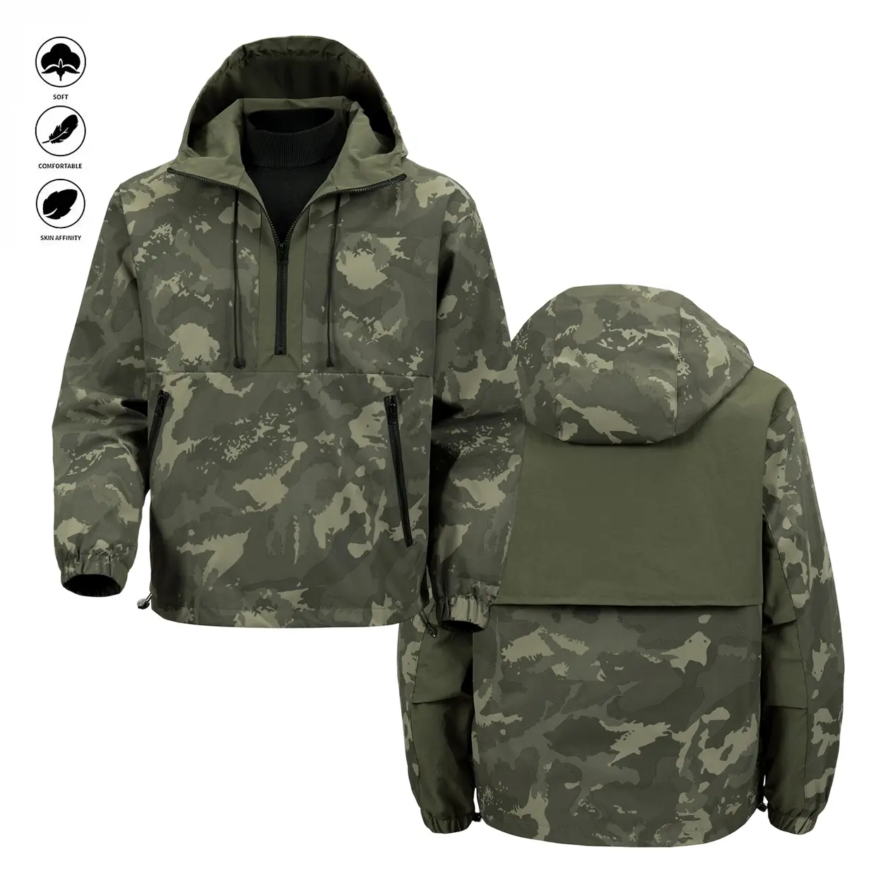 Men’s camo pullover windbreaker jacket, waterproof outdoor hiking tactical hooded anorak, streetwear lightweight casual fall jacket
