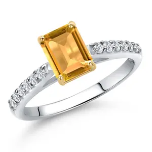 Gem Stone King 10K Two Tone Gold Gemstone Birthstone and Lab Grown Diamond Engagement Ring For Women | Emerald Cut 7X5MM