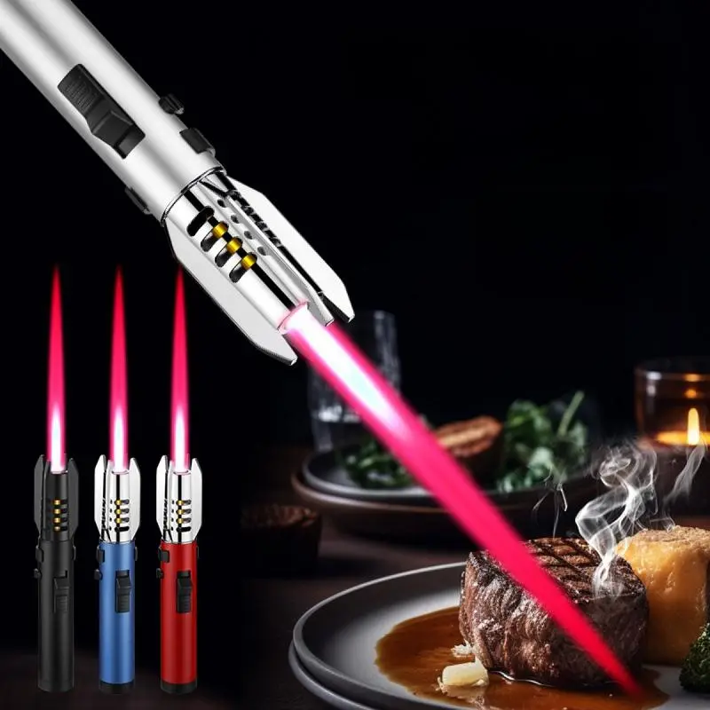 1 piece, Large flame torch, adjustable with refillable red flame, features a bright igniter with safety lock and switch lock. Windproof flame torch with large butane gas tank, suitable for emergencies, campfires, barbecues (butane gas not included) tiktok