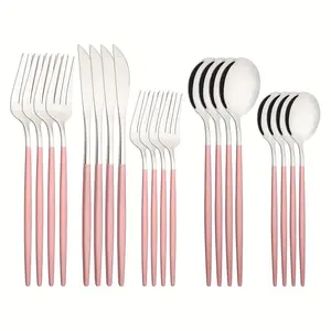 20pcs Silvery and Pink Portuguese Cutlery Set for 4, Pink Handle Stainless Steel Cutlery Set, Include Forks, Spoons and Knives Set, Dishwasher Safe Utensil Sets for Home, Restaurant, Parties, Weddings