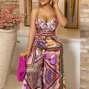 Vintage Chain Print Backless Lace Up Top Wide Leg Pants Suit