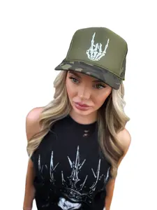 TheDriveClothing ROCKER HAND FOAM CURVED BILL GREEN CAMO HAT – Camo Trucker Hat With White Print, 5 Panel High Crown Snapback, Mesh Back Streetwear Cap