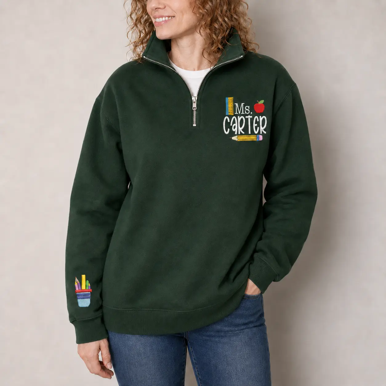 Personalized Teacher Quarter Zip Sweatshirt with Name, Custom Embroidered Elementary Teacher Pullover, Back to School Crewneck, Teacher Graduation Gift
