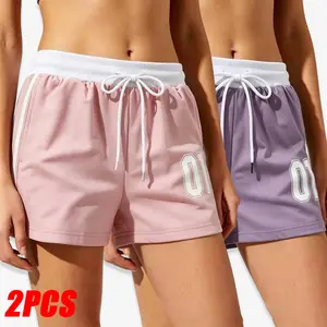 Set of 2 women’s summer shorts featuring drawstring and elastic waistband design, adjustable fit, numeric print; suitable for outdoor outings, gym workouts, and everyday casual wear; perfect for a summery vibe.