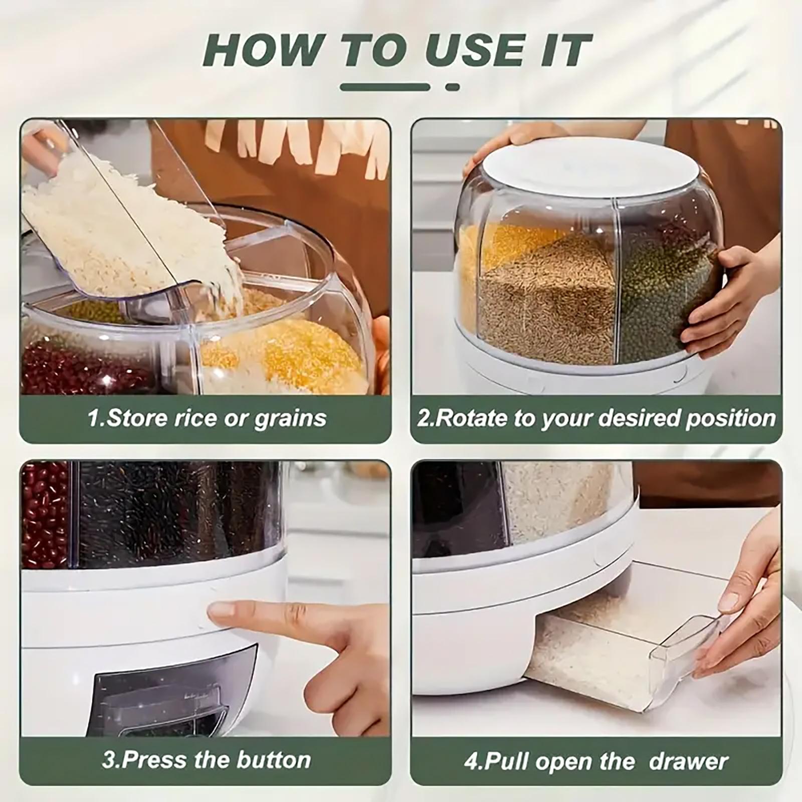 360 Degree Rotating Rice Dispenser Grain Dispenser Large Capacity Food Storage Container Multifunctional Organizer for Kitchen Rice Beans Small Grains and Pet Food StoragePerfect Mothers Day Gift
