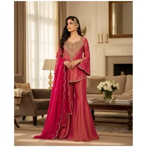 Elegant Shimmer Silk Embroidery Work Short Top and Plazzo with Dupatta for Women Wear in Rich Pink in size L 40”