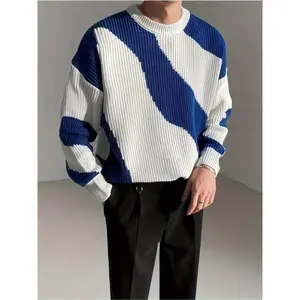 Men's Striped Knit Sweater - Casual Crew Neck, Machine Washable - Blue & White Color Block for Autumn/Winter