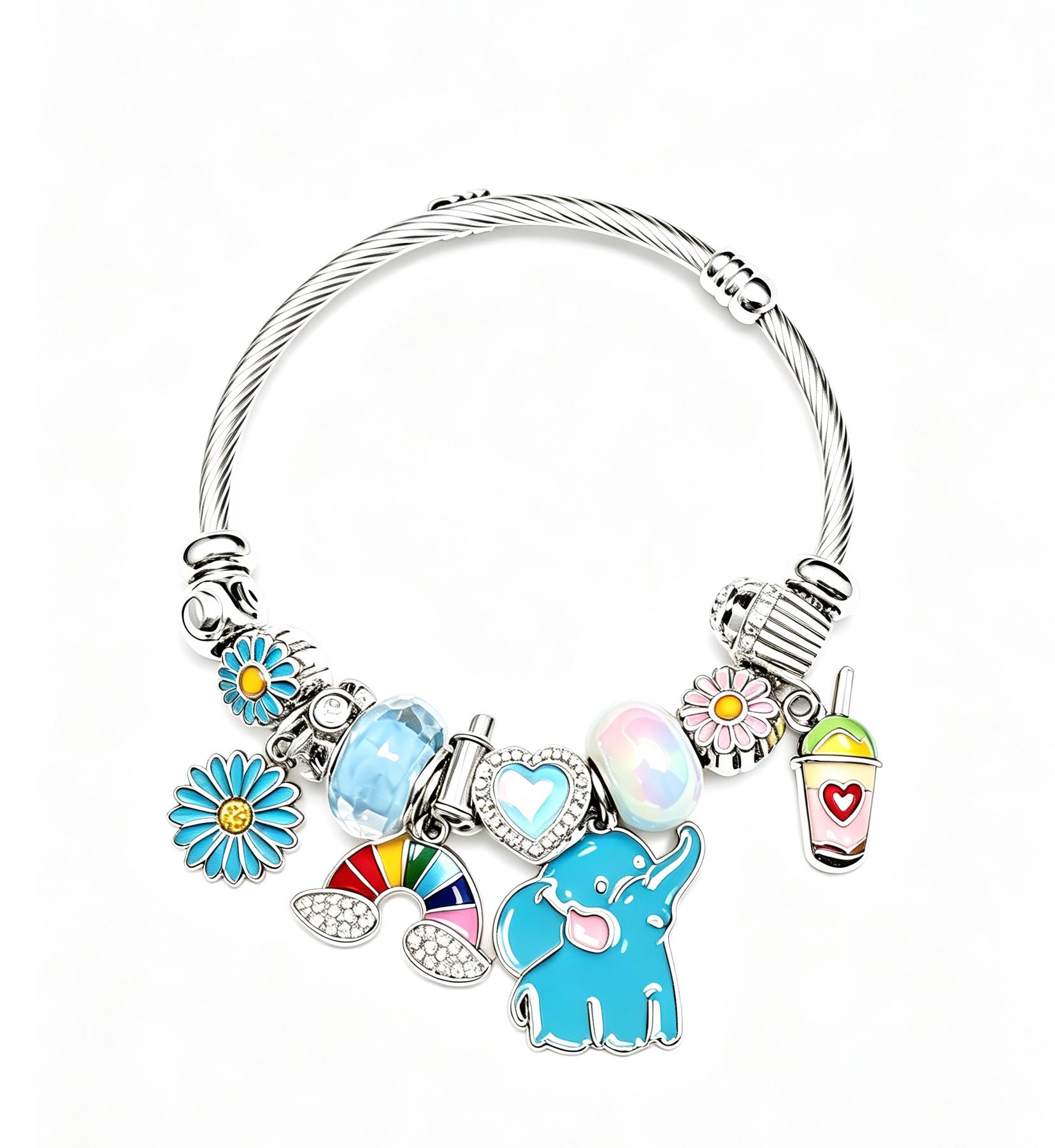 Open Bangle Charm Bracelet, Cute Blue Elephant Rainbow Daisy Flower Drink Charms Cable Wire Bracelets, Adjustable Cuff Bracelet Jewelry Gift for Women Girls Open Bangle Charm Bracelet, Cute Blue Elephant Rainbow Daisy Flower Drink Charms Cable Wire Bracelets, Adjustable Cuff Bracelet Jewelry Gift for Women Girls