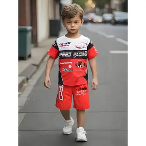 [2pcs Racing Outfit] 2pcs Boys' Red & Black Motorcycle Style Racing Outfit |   Short Sleeve T-Shirt and Shorts Set, Perfect for Summer Outdoor Activities, Ideal Gift, Great for School and Parties, Casual Racing Attire |   Youth Style Top |   Stretchy Fabr