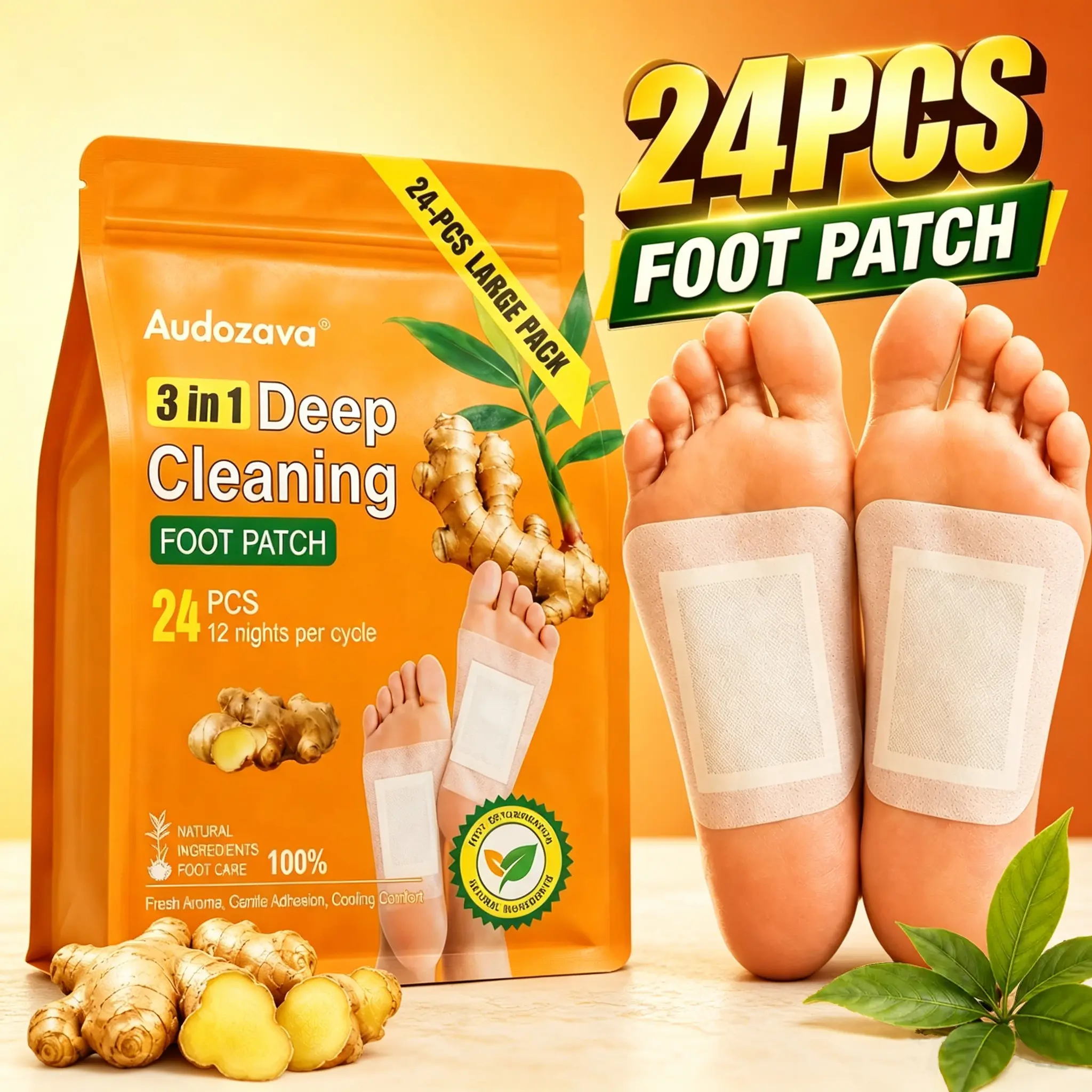 24pcs Ginger Foot Care Pads, Natural Daily Foot Care Patches for Nighttime Use, Turmeric Ginger, Detox Patch Foot Masks